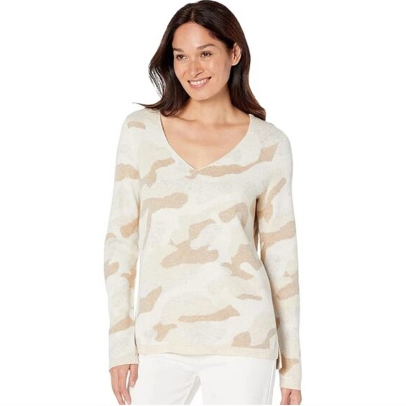 Vineyard Vines L Beige Camo Long Sleeve V-Neck Pullover Sweater Wool Cashmere - Picture 3 of 14
